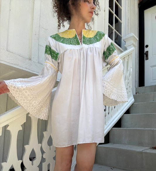1970s Embroidered Folk Accordion Sleeve Mini Dress