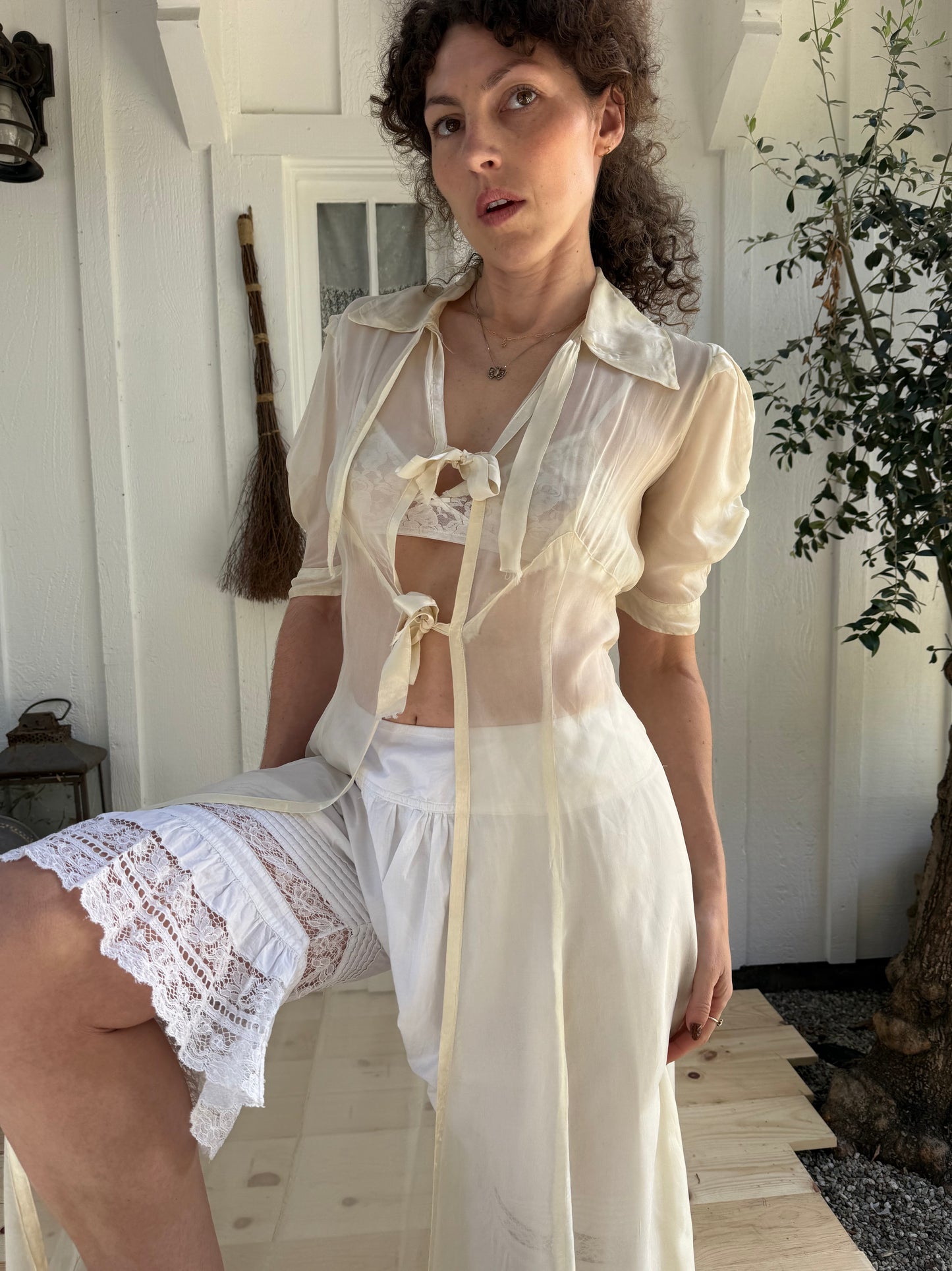 1940s Sheer White Nylon Collared Robe with Bows *as-is