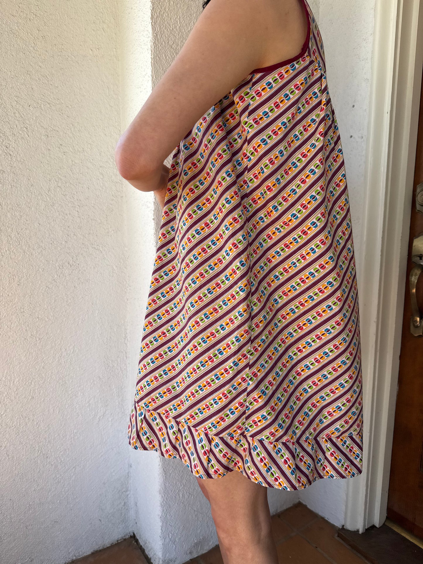 1970s Handmade Printed Mini Dress with Lace Yoke