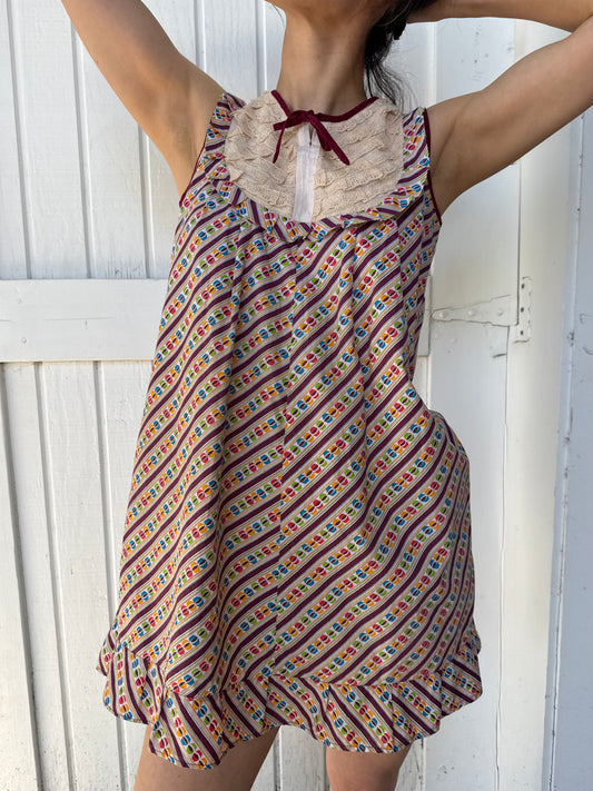 1970s Handmade Printed Mini Dress with Lace Yoke