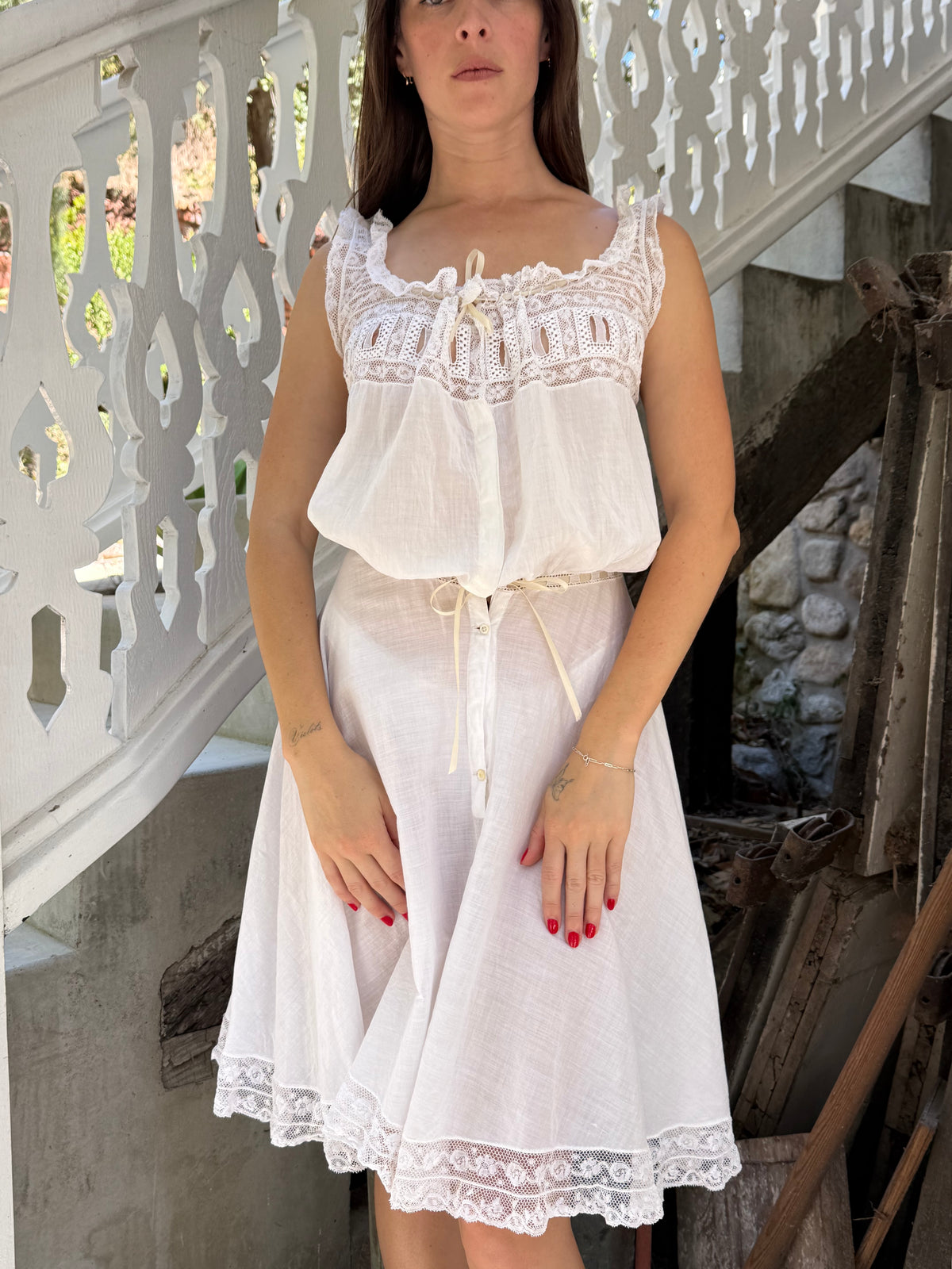Edwardian Cotton Lace Inlay Waist Mini Dress