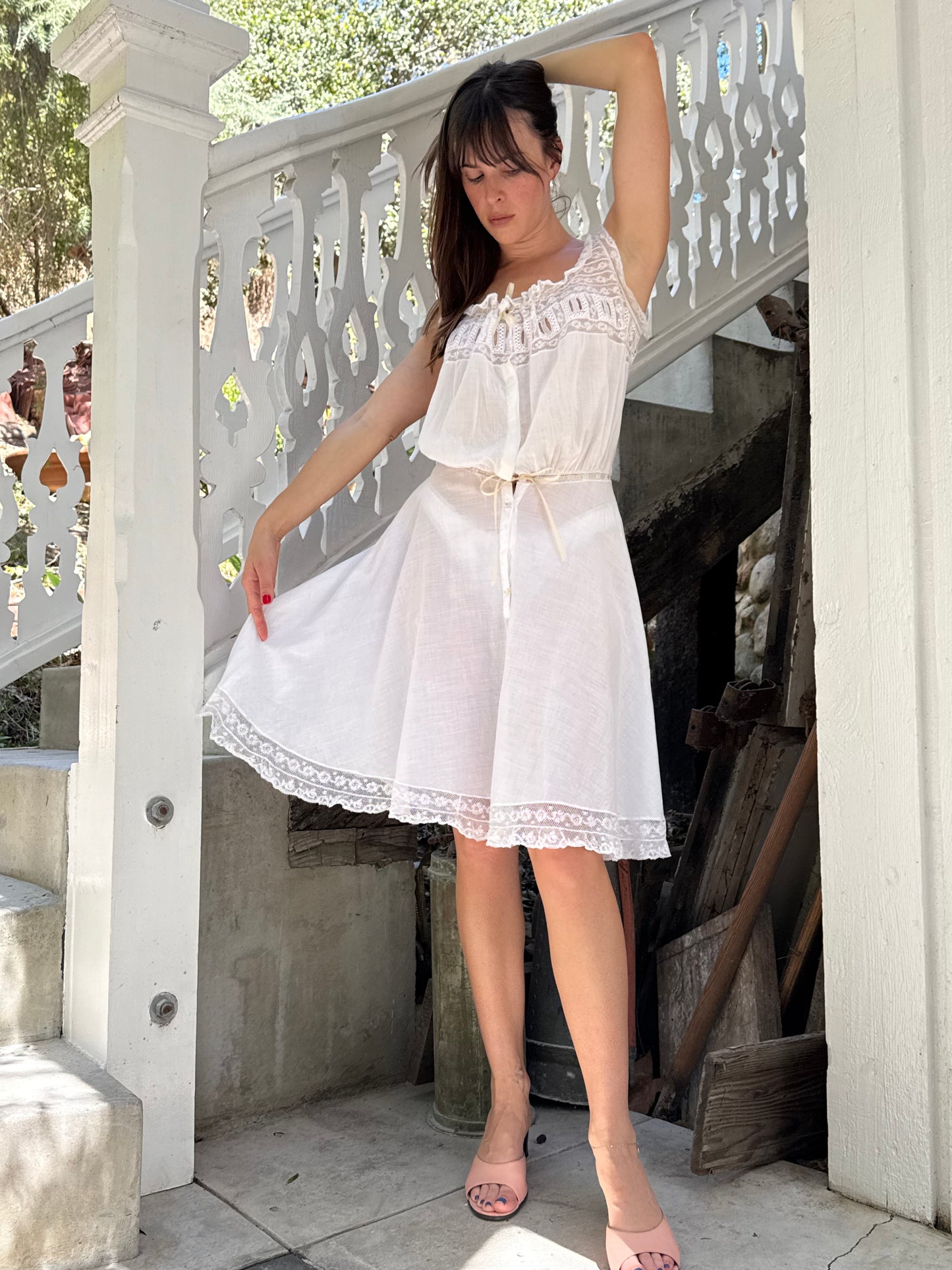 Edwardian Cotton Lace Inlay Waist Mini Dress
