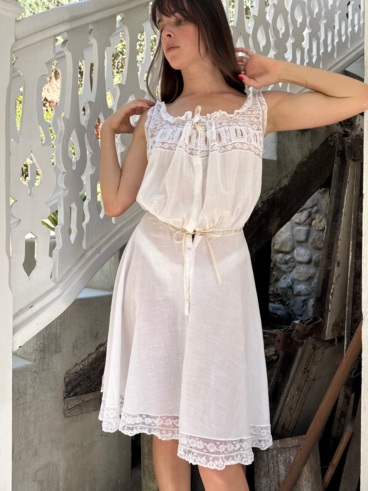 Edwardian Cotton Lace Inlay Waist Mini Dress