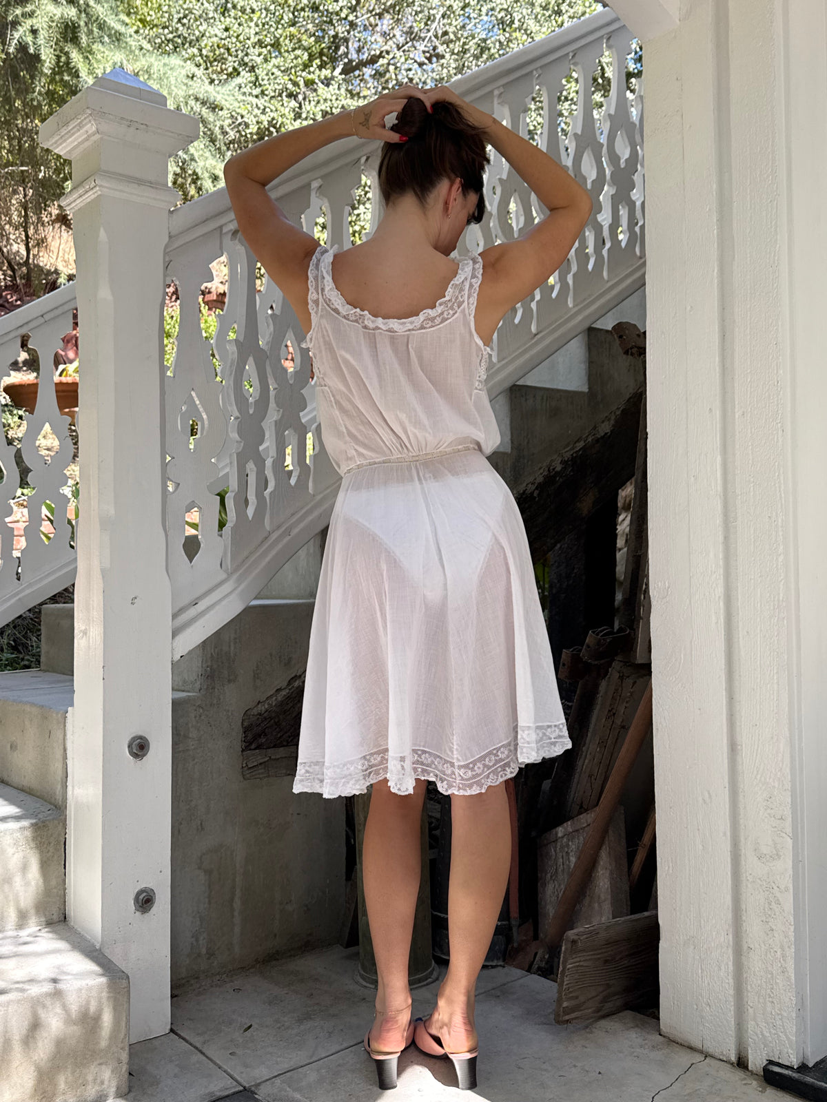 Edwardian Cotton Lace Inlay Waist Mini Dress
