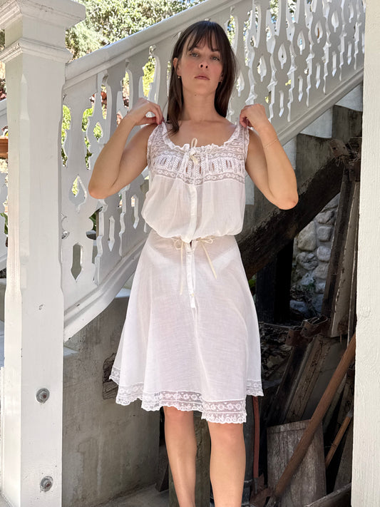 Edwardian Cotton Lace Inlay Waist Mini Dress