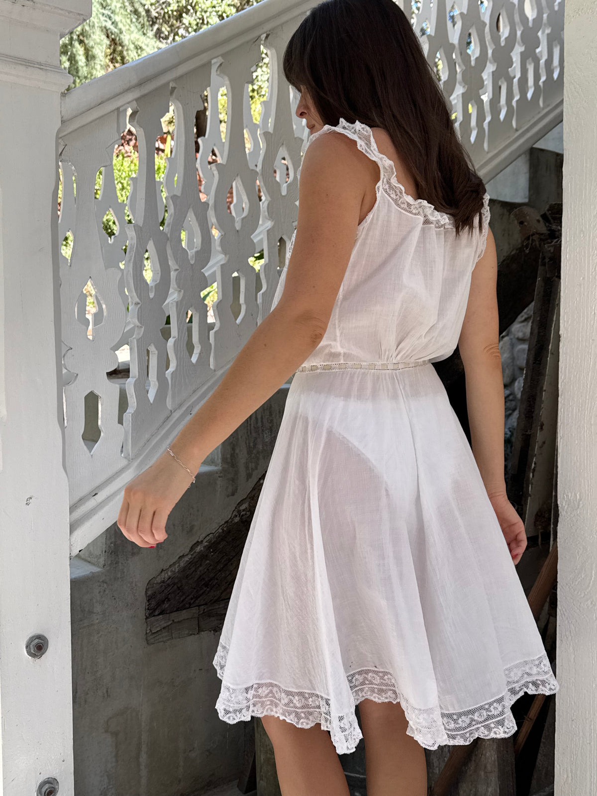 Edwardian Cotton Lace Inlay Waist Mini Dress