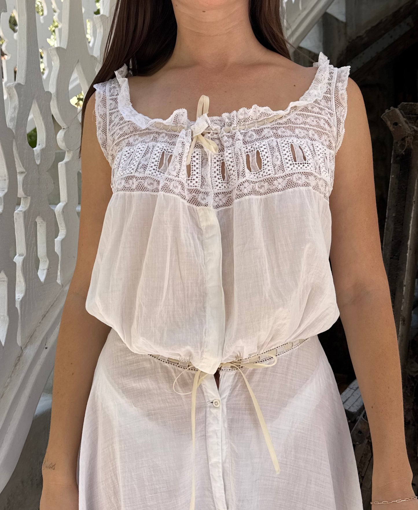 Edwardian Cotton Lace Inlay Waist Mini Dress