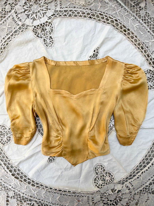 1940s Gold Silk Satin Puff Sleeve Bodice