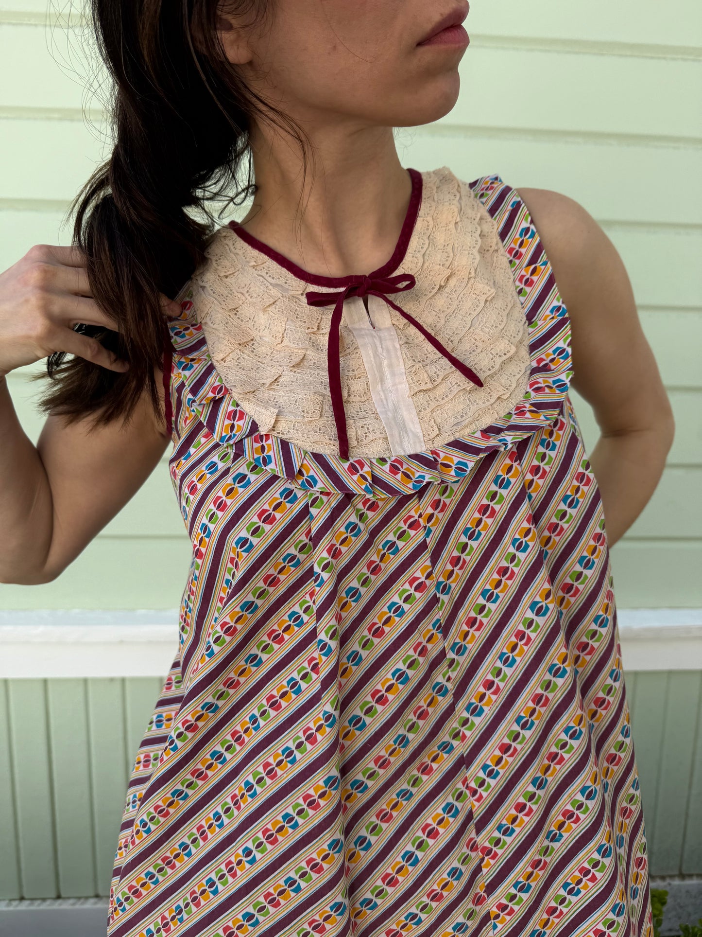 1970s Handmade Printed Mini Dress with Lace Yoke