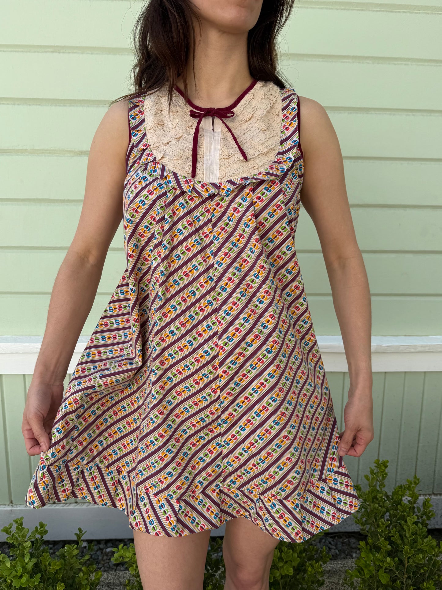 1970s Handmade Printed Mini Dress with Lace Yoke