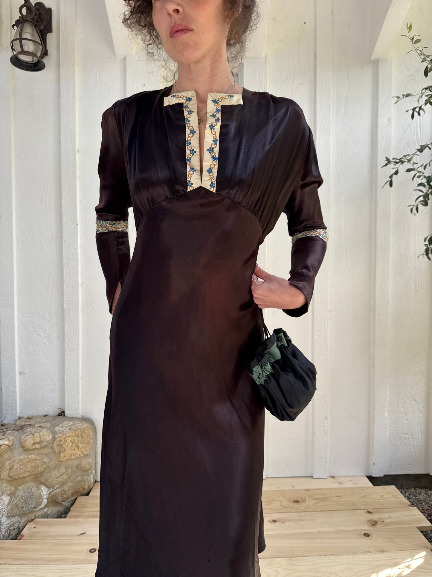 1940s Brown Silk Satin Embroidered Dress