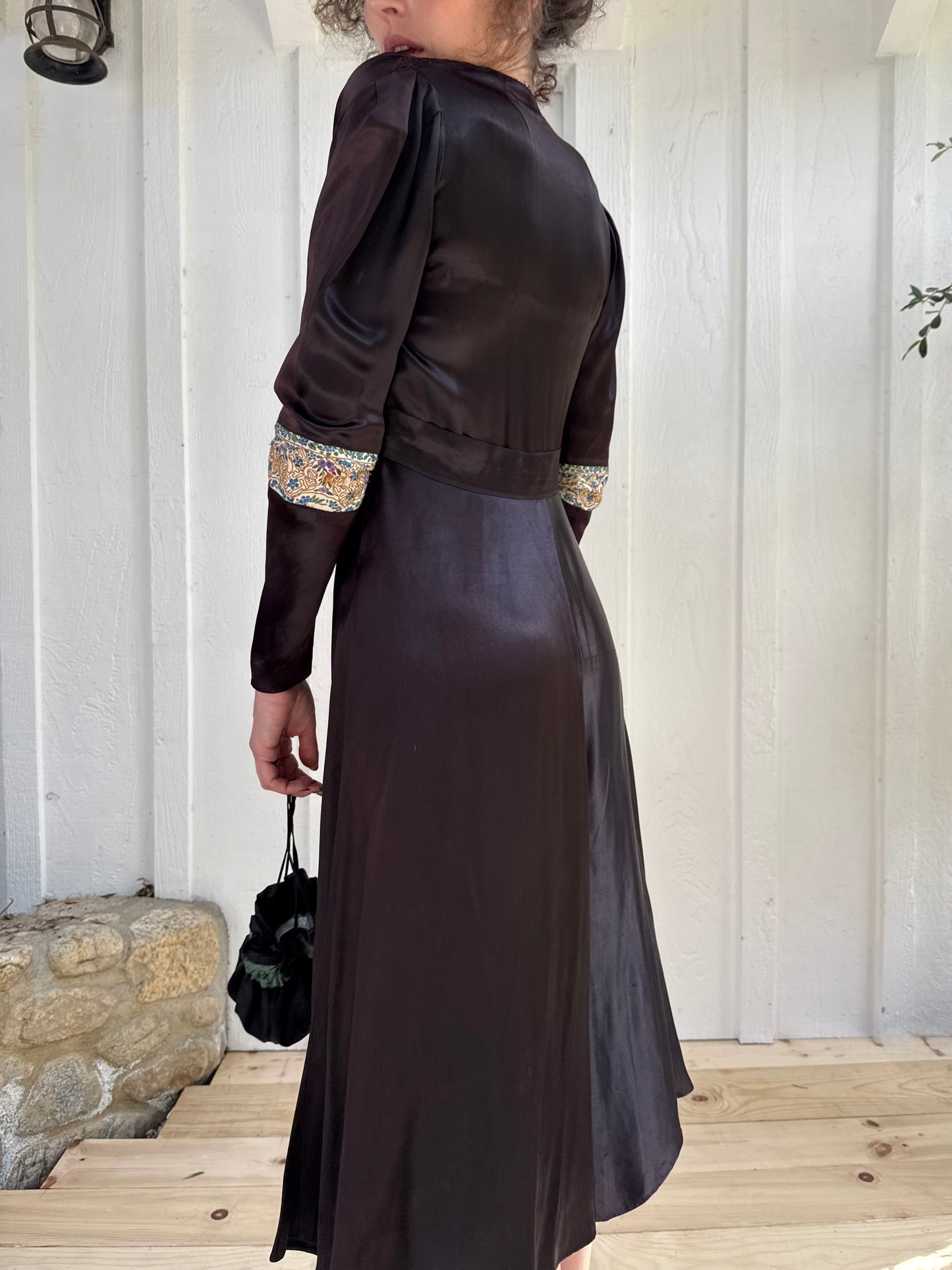 1940s Brown Silk Satin Embroidered Dress