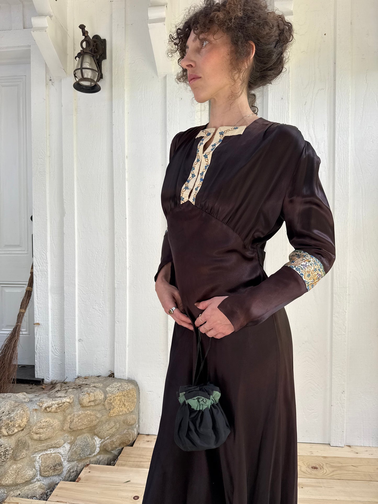 1940s Brown Silk Satin Embroidered Dress