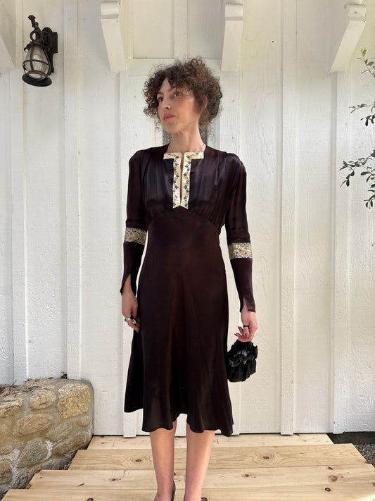1940s Brown Silk Satin Embroidered Dress