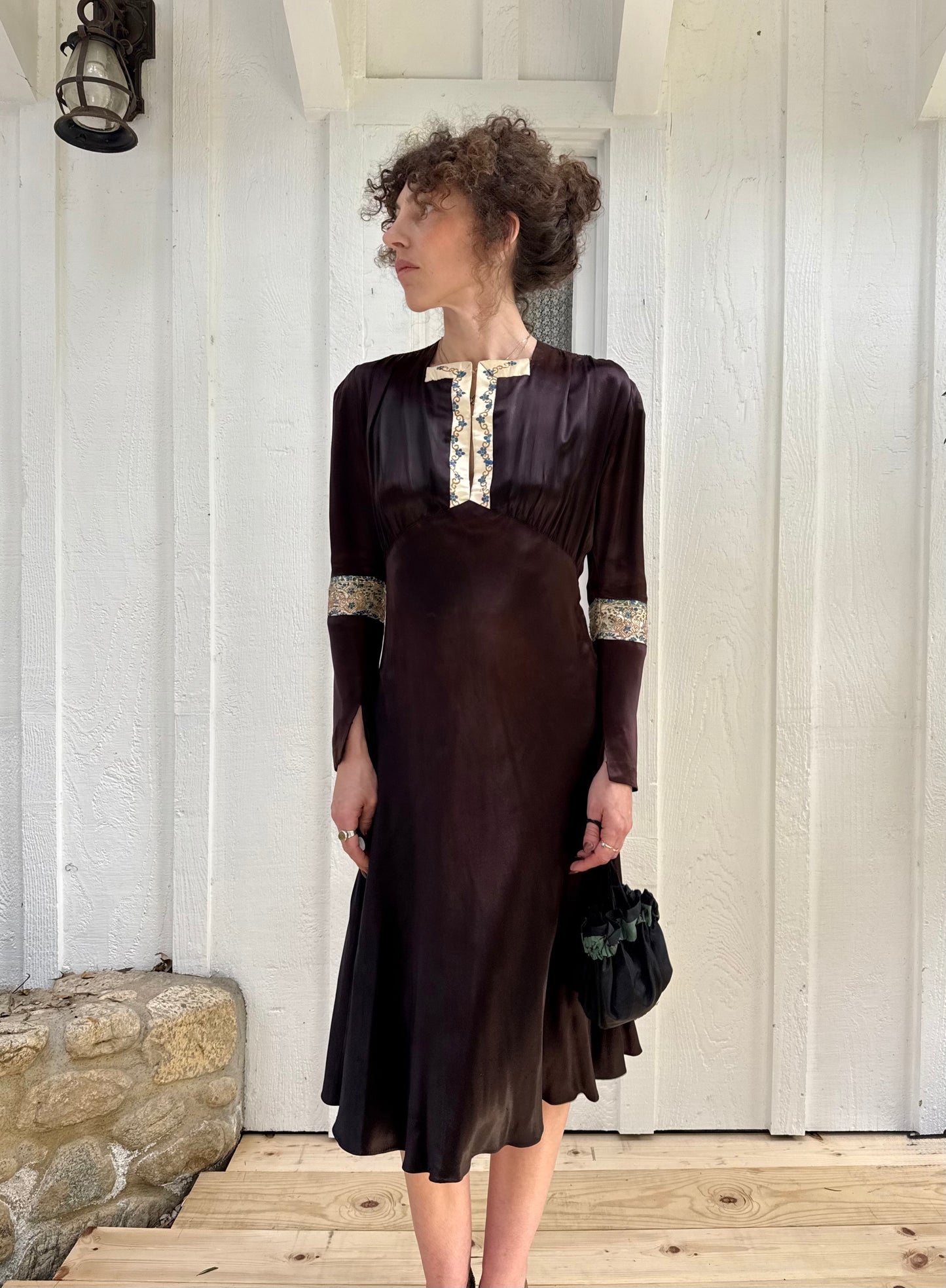 1940s Brown Silk Satin Embroidered Dress