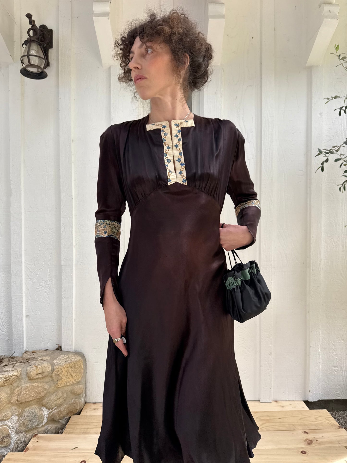 1940s Brown Silk Satin Embroidered Dress