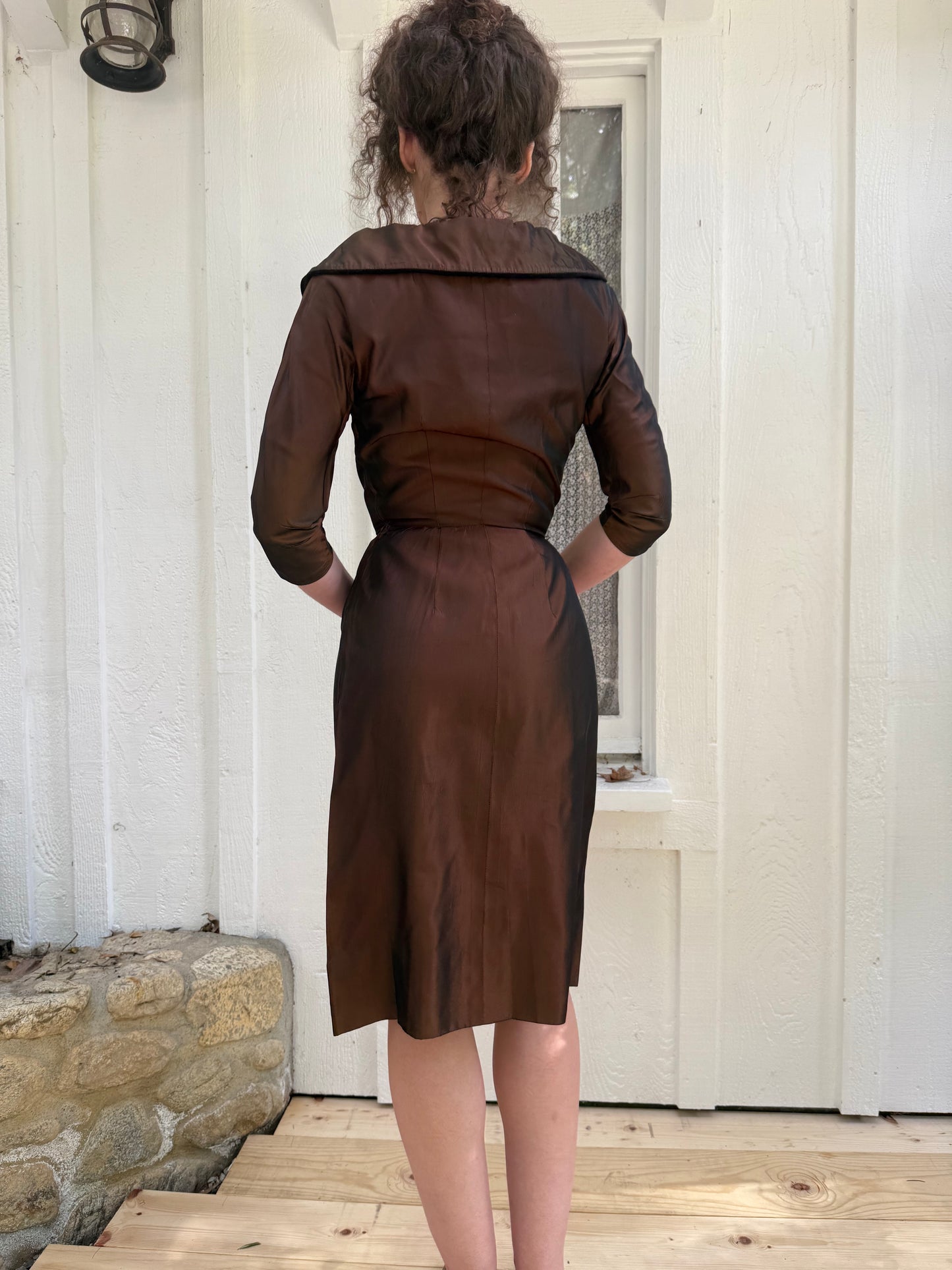 1950s Vogue Design Brown Taffeta Wiggle Cocktail Dress with Velvet Bow