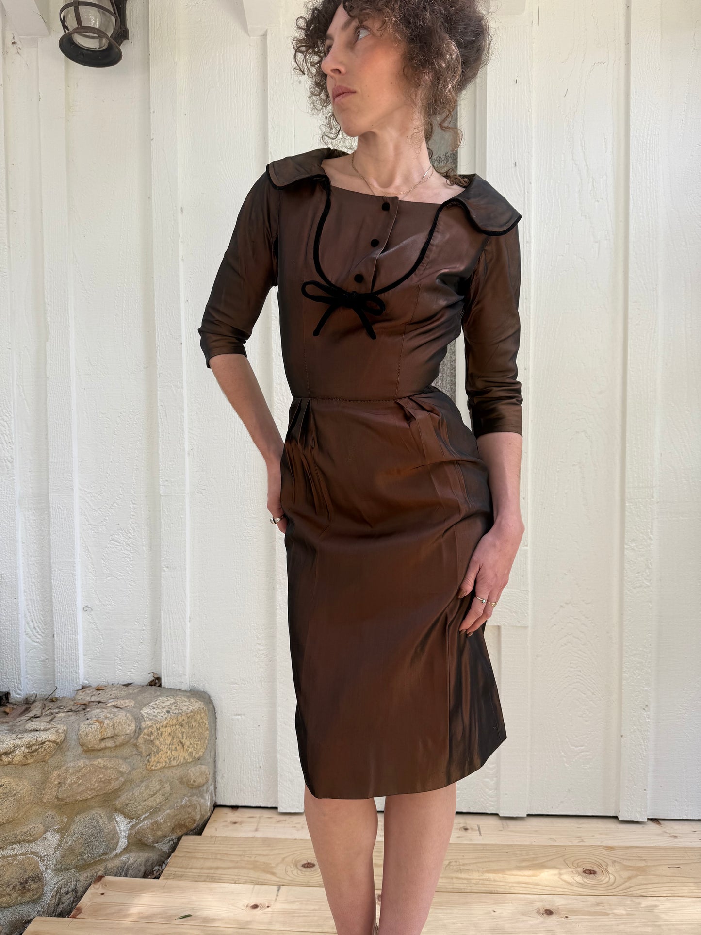 1950s Vogue Design Brown Taffeta Wiggle Cocktail Dress with Velvet Bow
