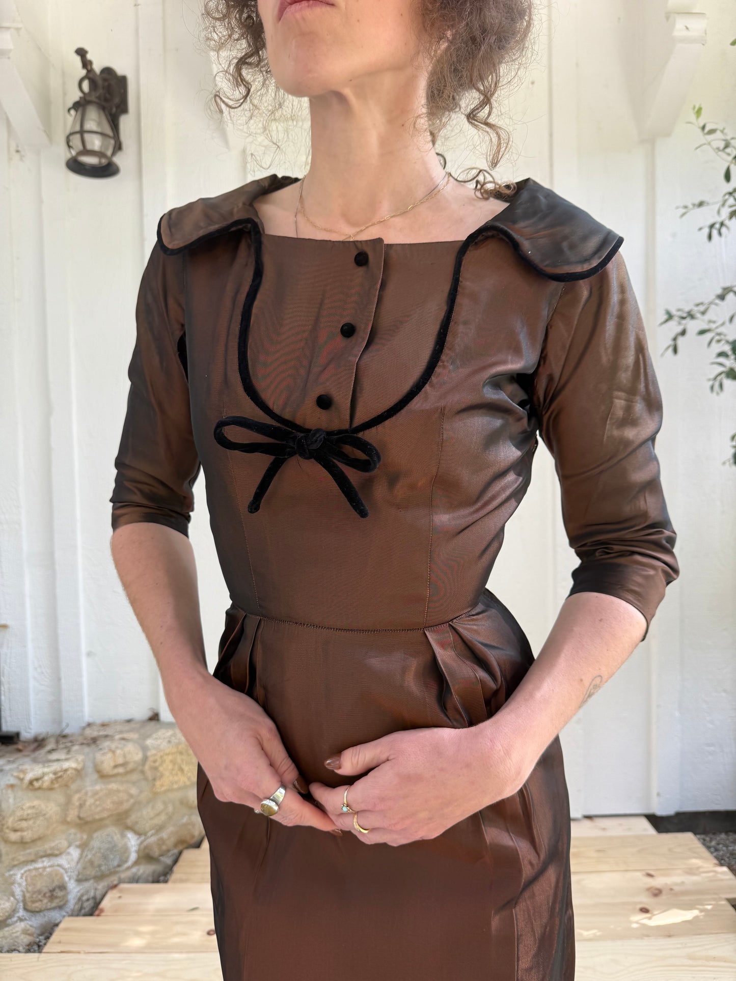 1950s Vogue Design Brown Taffeta Wiggle Cocktail Dress with Velvet Bow