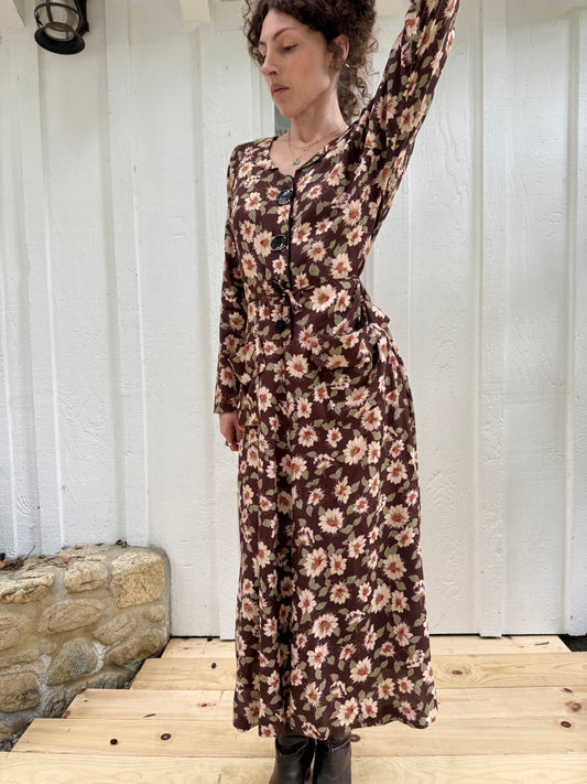 90s Lolita West Brown Floral Rayon Dress