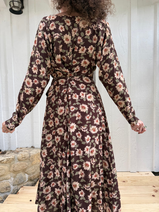 90s Lolita West Brown Floral Rayon Dress