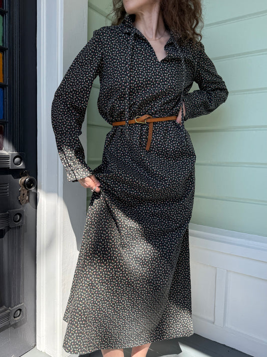 1970s Handmade Floral Cotton Long Sleeve Ruffle Collar Tie Neck Dress