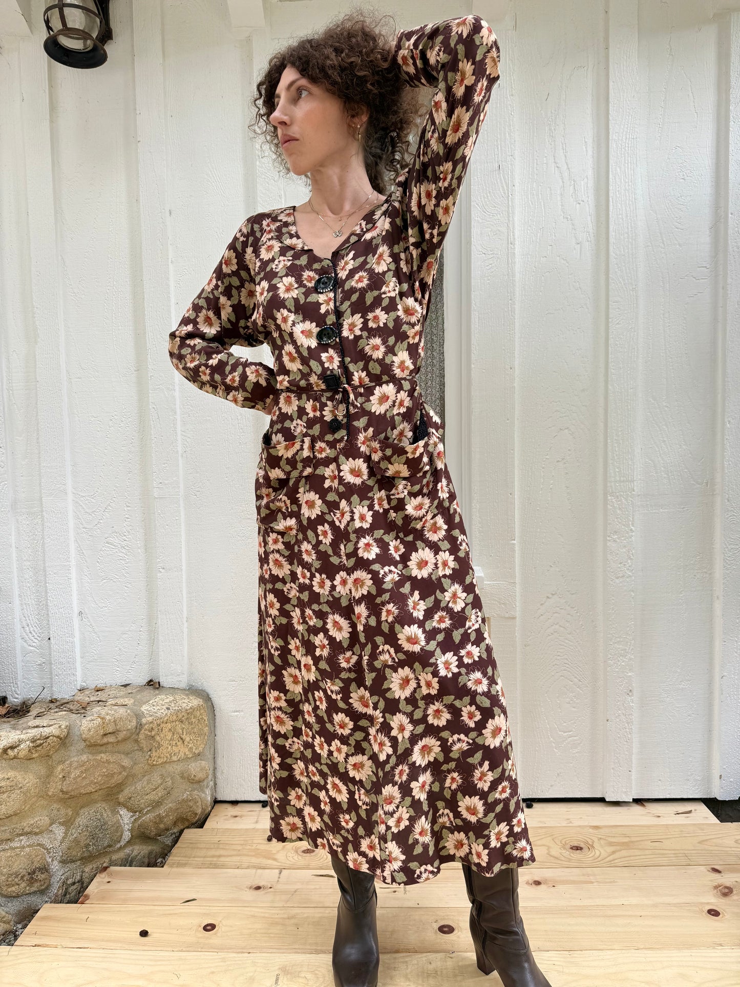90s Lolita West Brown Floral Rayon Dress