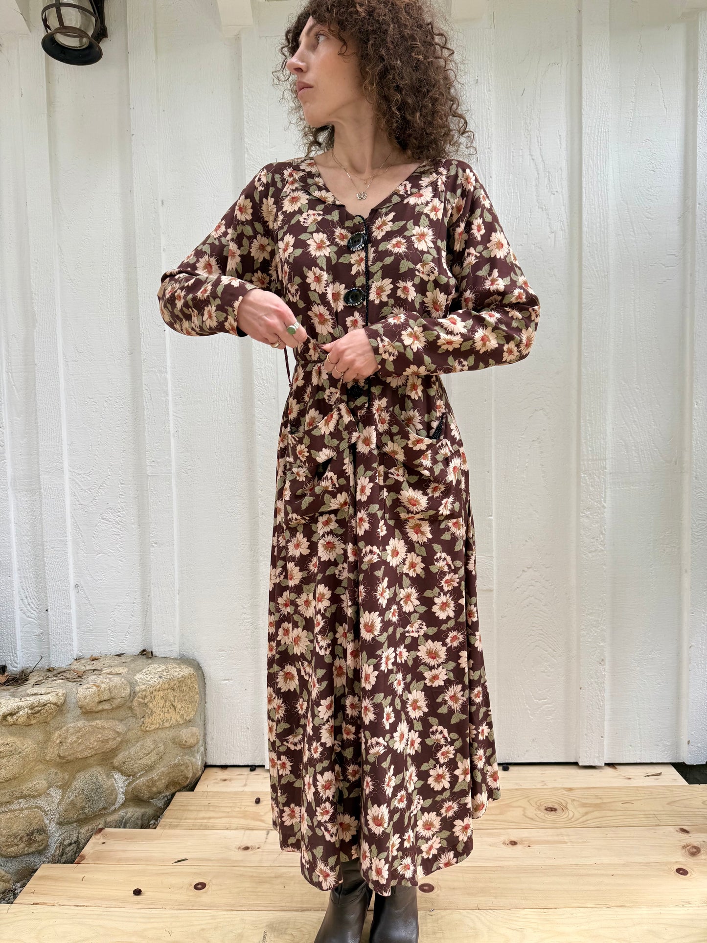 90s Lolita West Brown Floral Rayon Dress