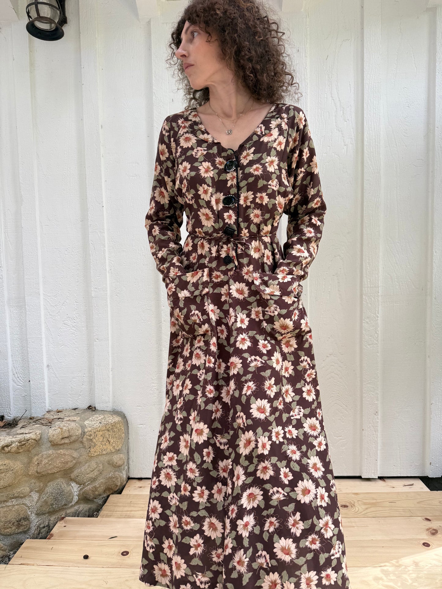 90s Lolita West Brown Floral Rayon Dress