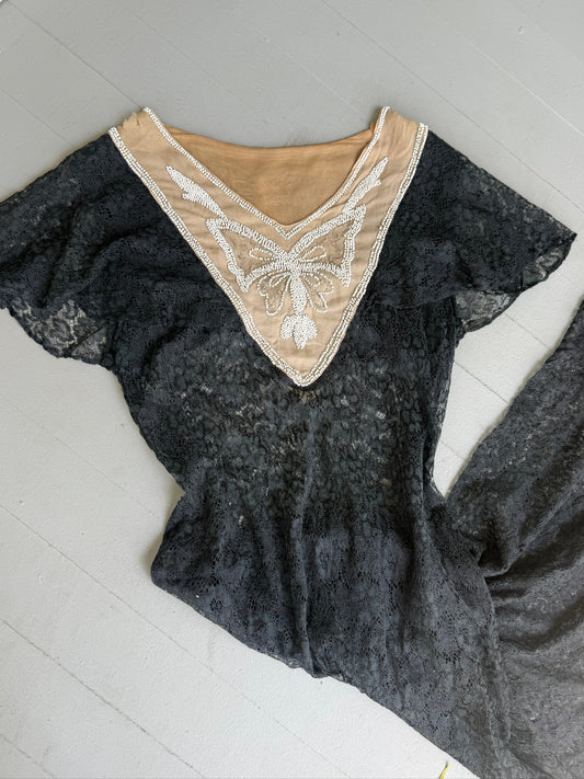 1920s Black Lace Beaded Butterfly Dress