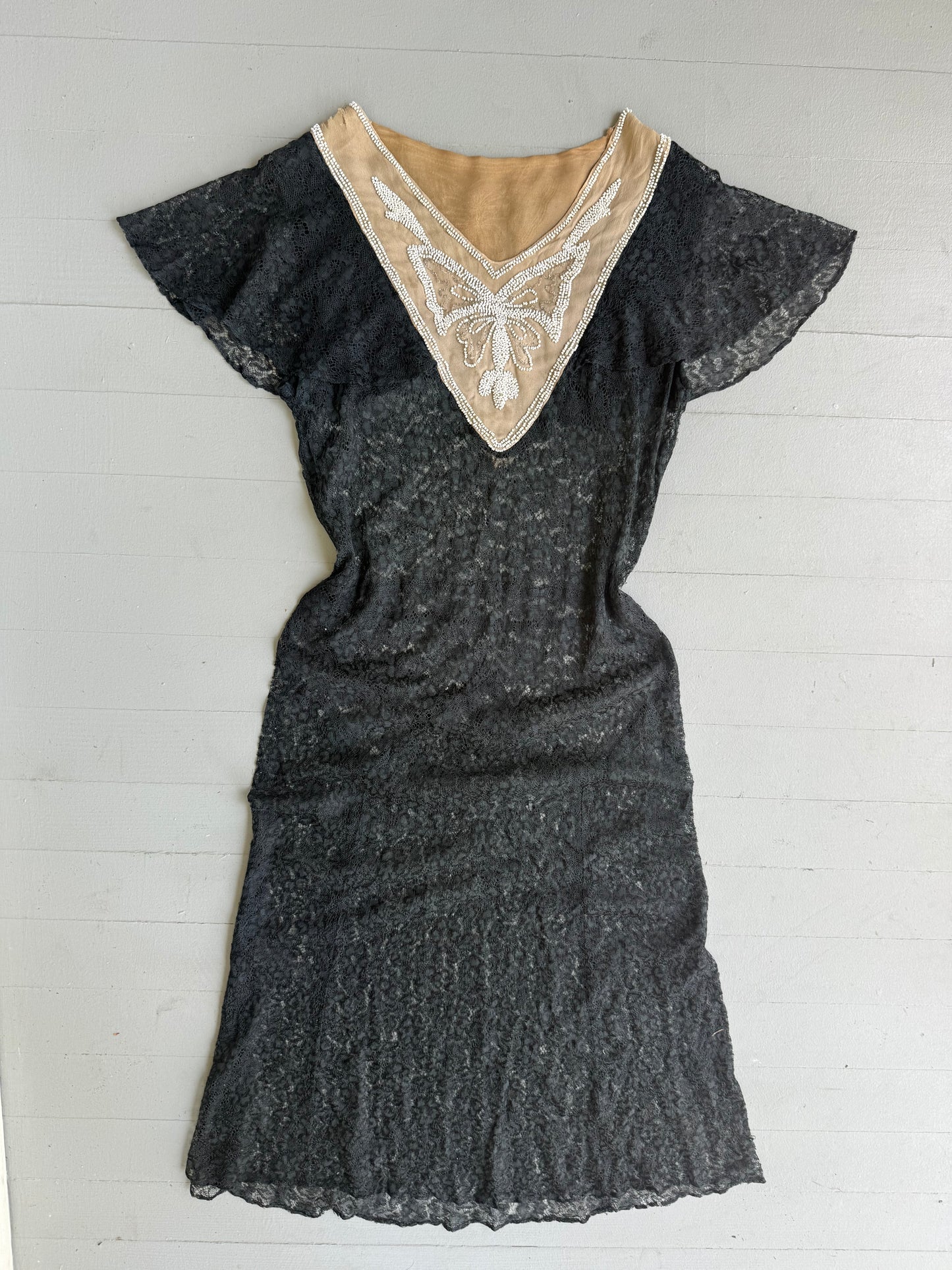 1920s Black Lace Beaded Butterfly Dress