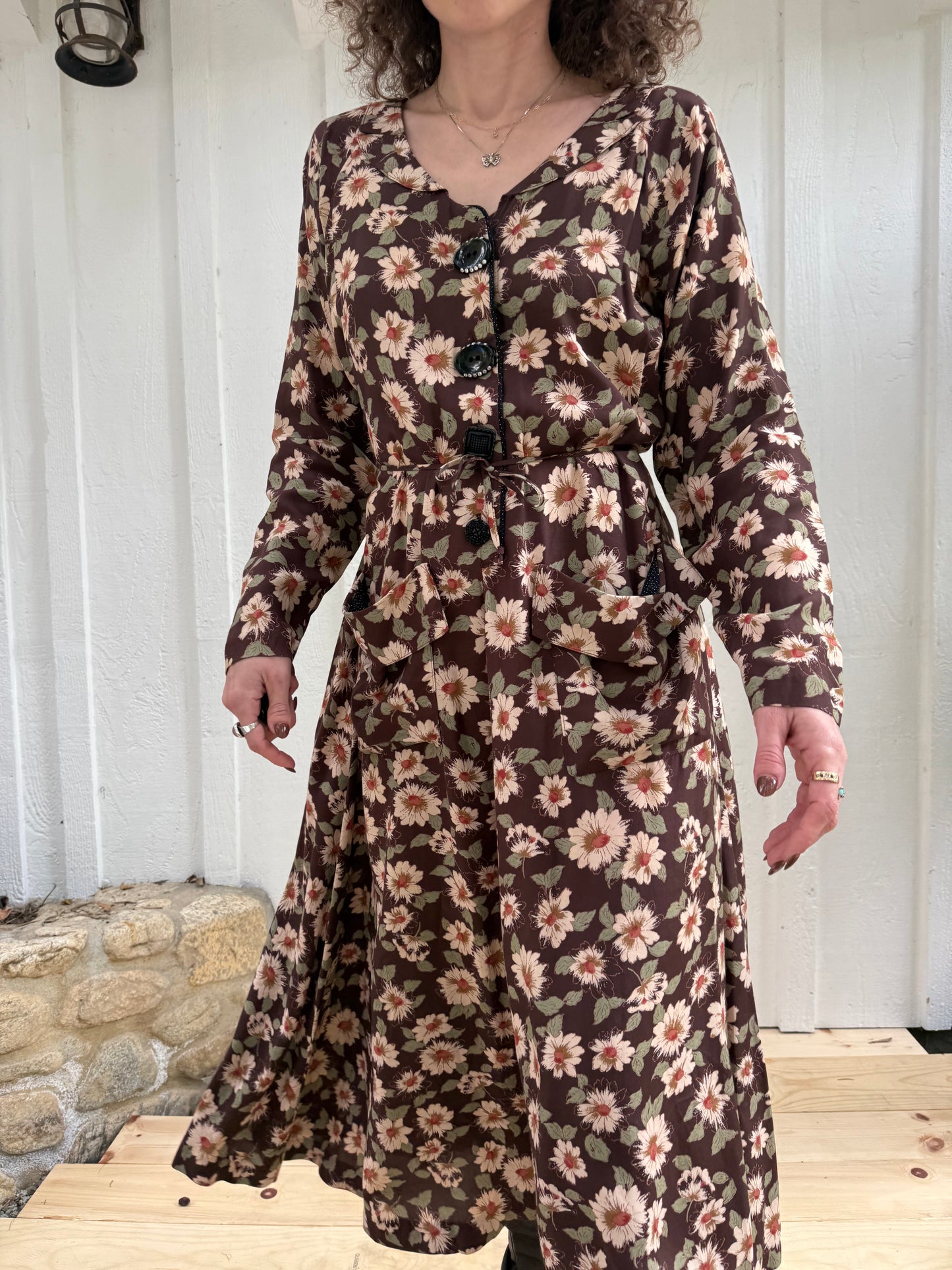 90s Lolita West Brown Floral Rayon Dress
