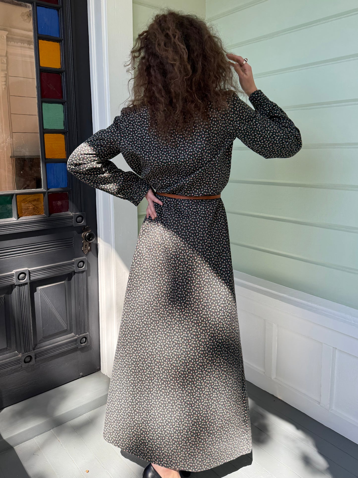 1970s Handmade Floral Cotton Long Sleeve Ruffle Collar Tie Neck Dress