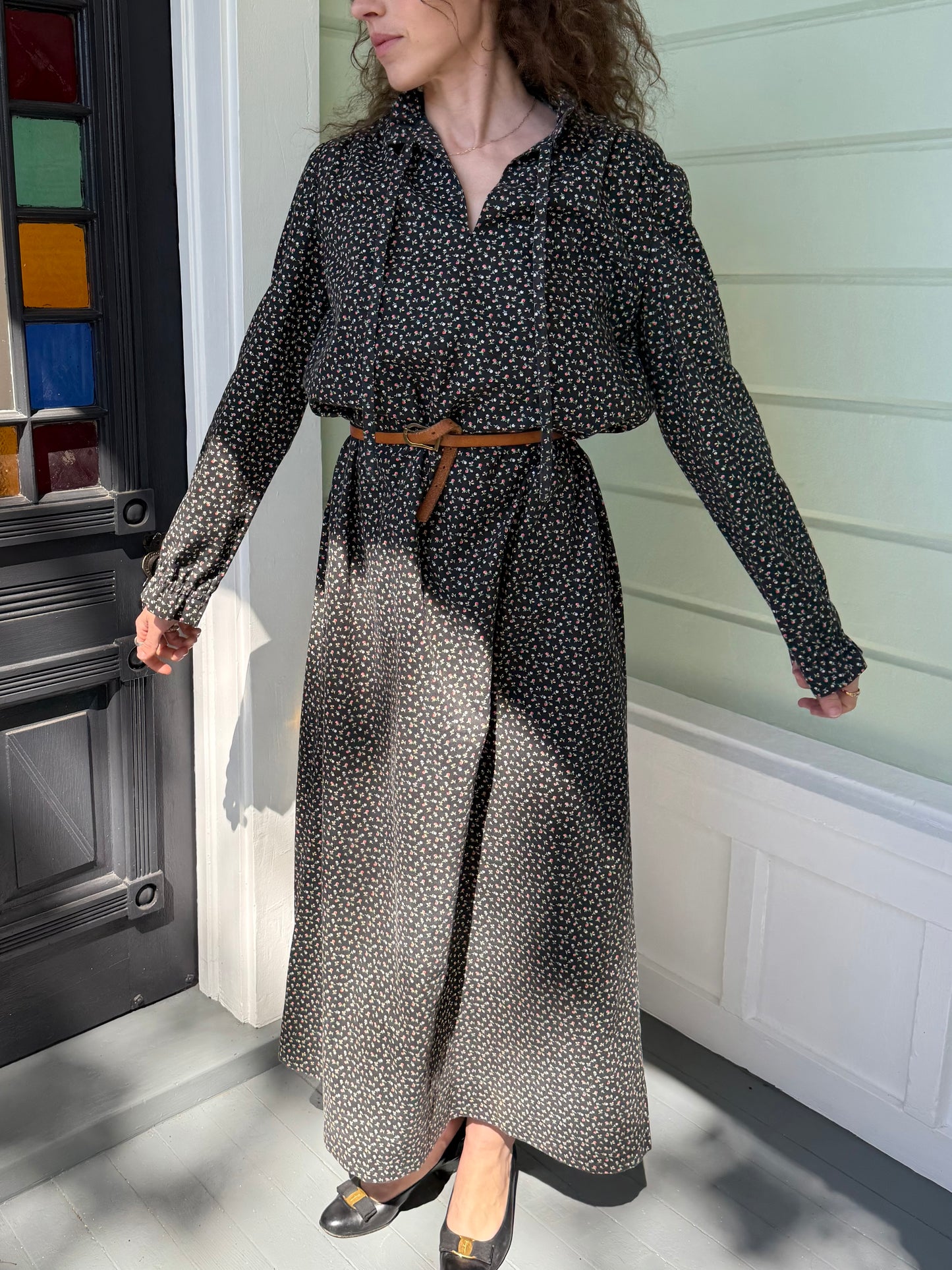 1970s Handmade Floral Cotton Long Sleeve Ruffle Collar Tie Neck Dress