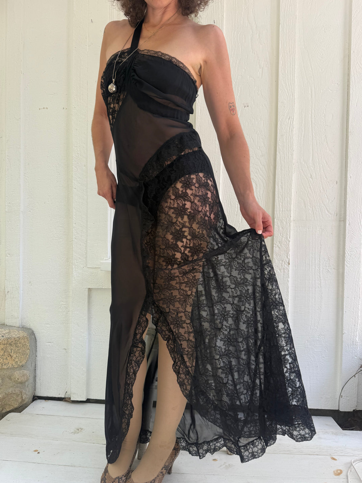1940s Blanche Black Sheer One Shoulder Lace Slip Dress Set