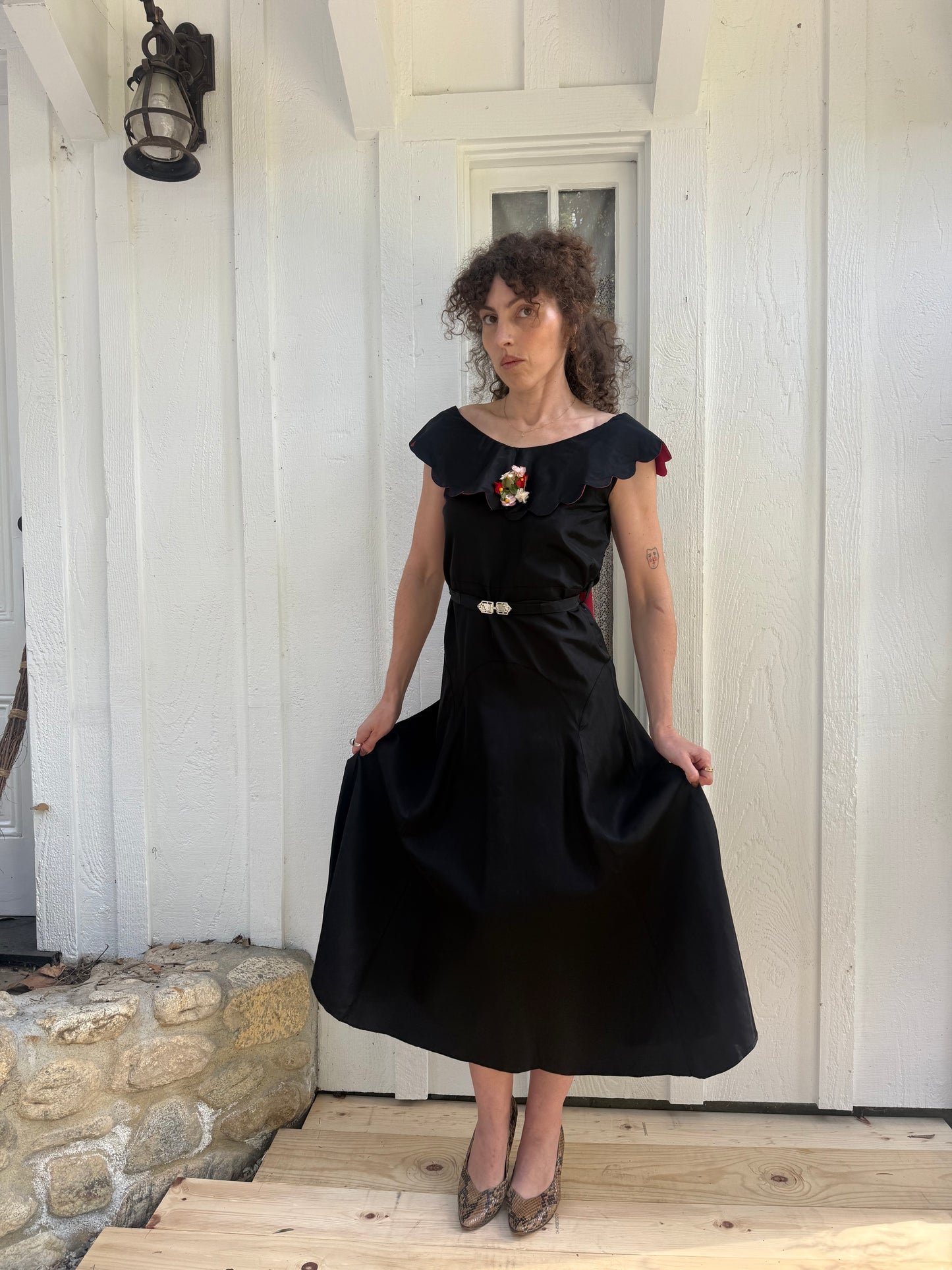 1930s Black Taffeta Scalloped Collar Dress