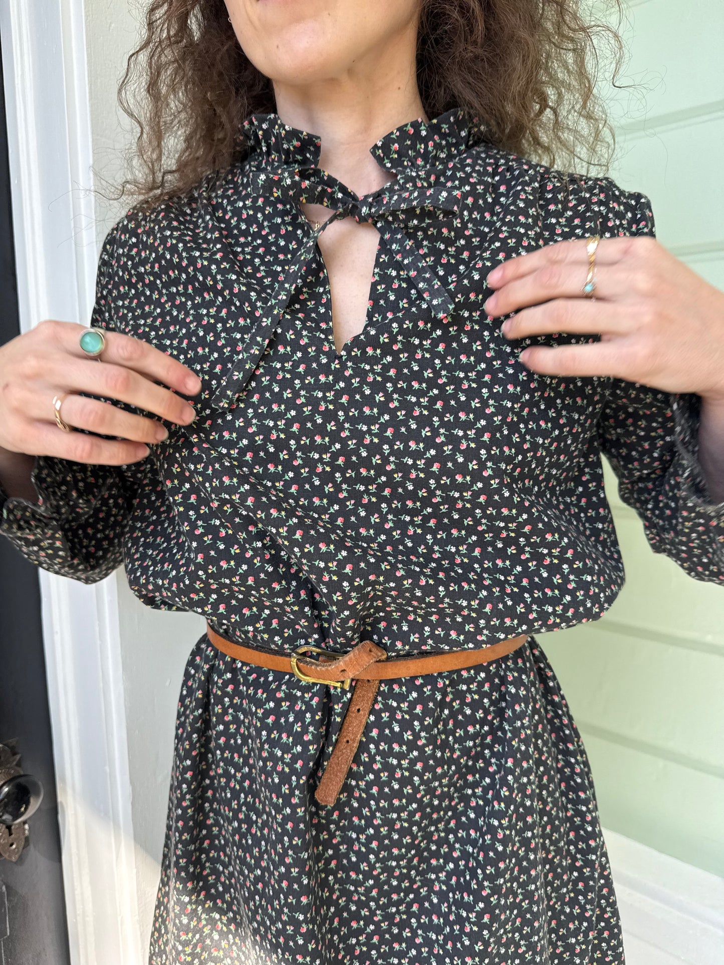 1970s Handmade Floral Cotton Long Sleeve Ruffle Collar Tie Neck Dress