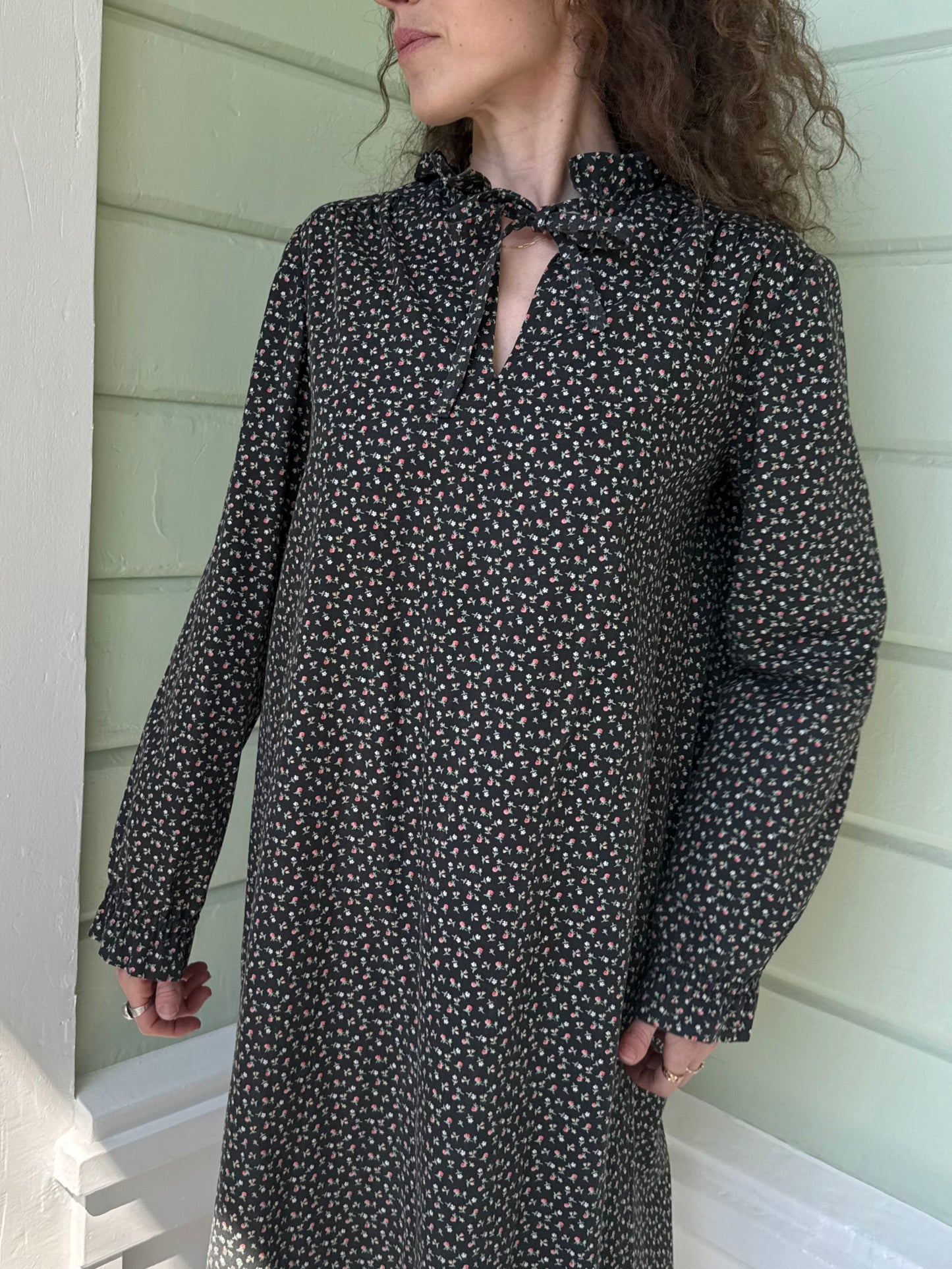 1970s Handmade Floral Cotton Long Sleeve Ruffle Collar Tie Neck Dress