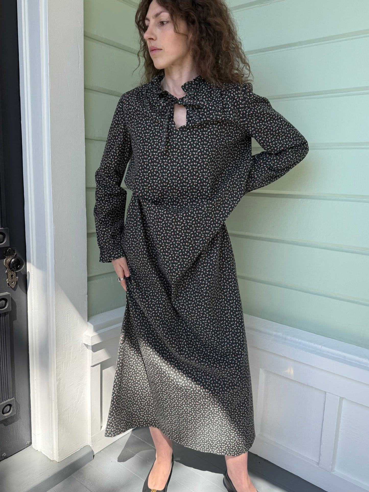 1970s Handmade Floral Cotton Long Sleeve Ruffle Collar Tie Neck Dress