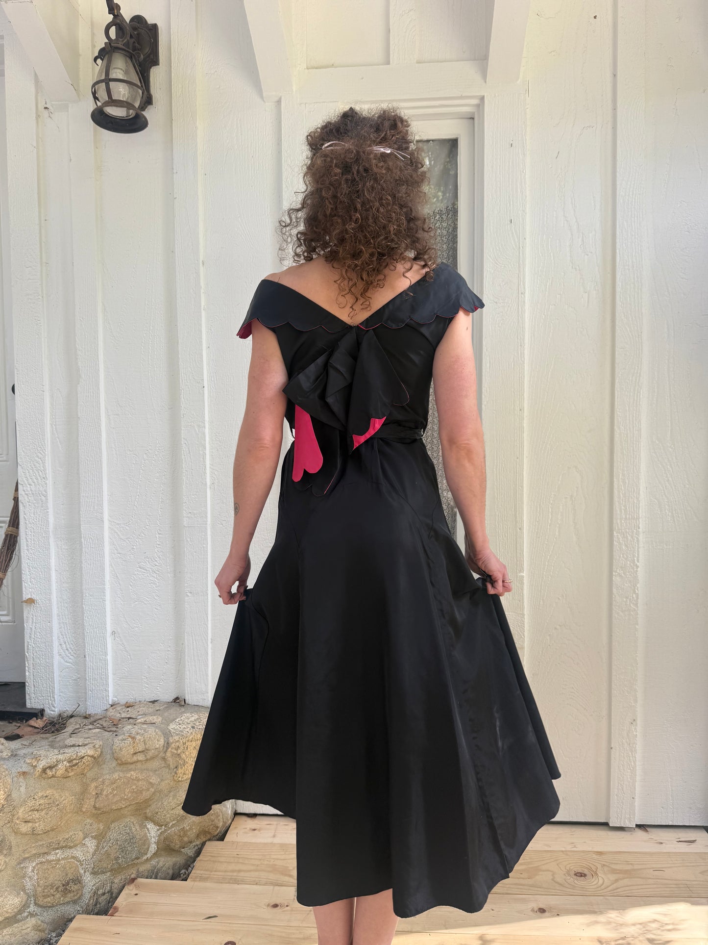 1930s Black Taffeta Scalloped Collar Dress
