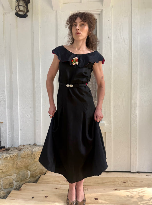 1930s Black Taffeta Scalloped Collar Dress