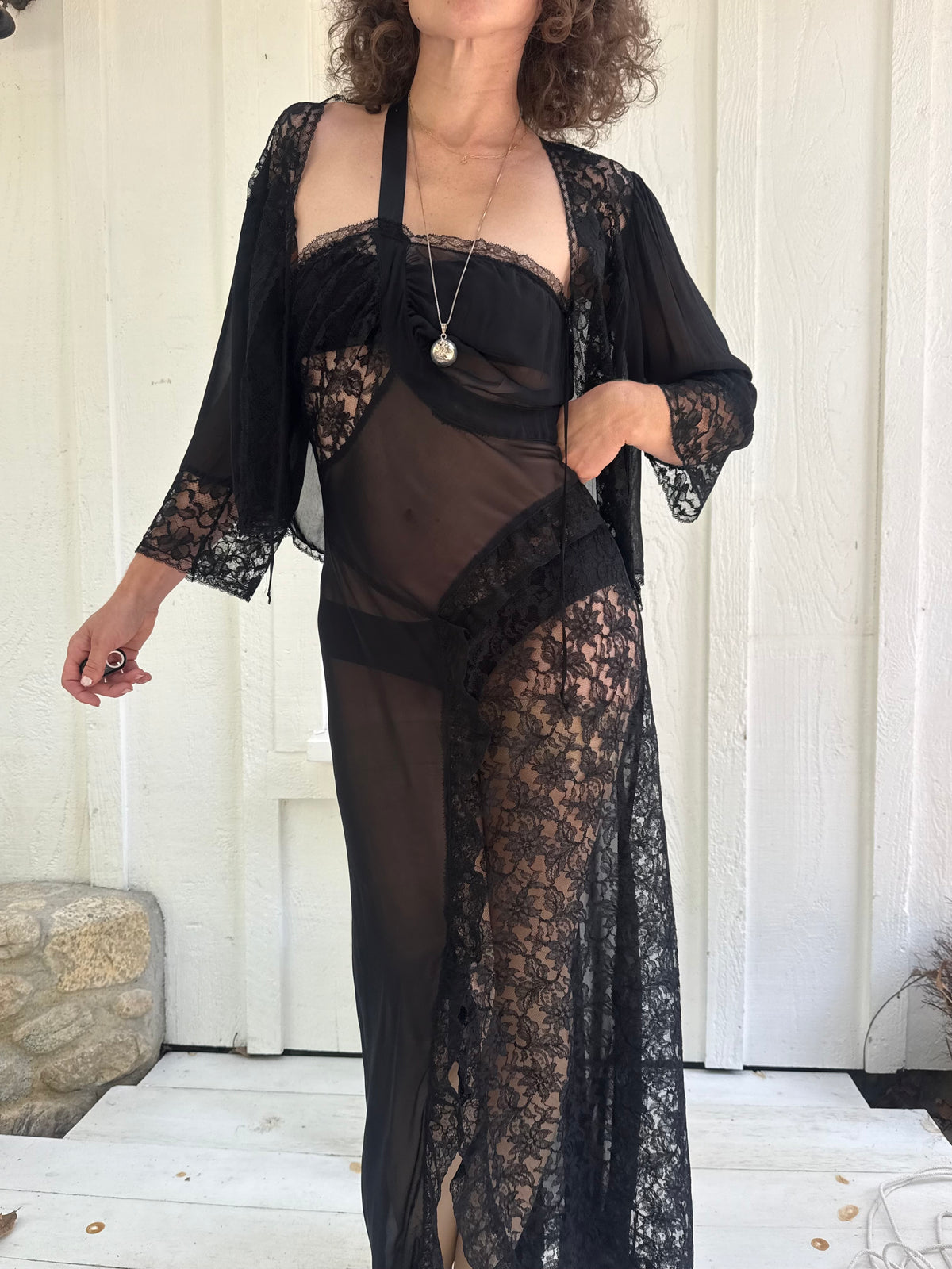 1940s Blanche Black Sheer One Shoulder Lace Slip Dress Set