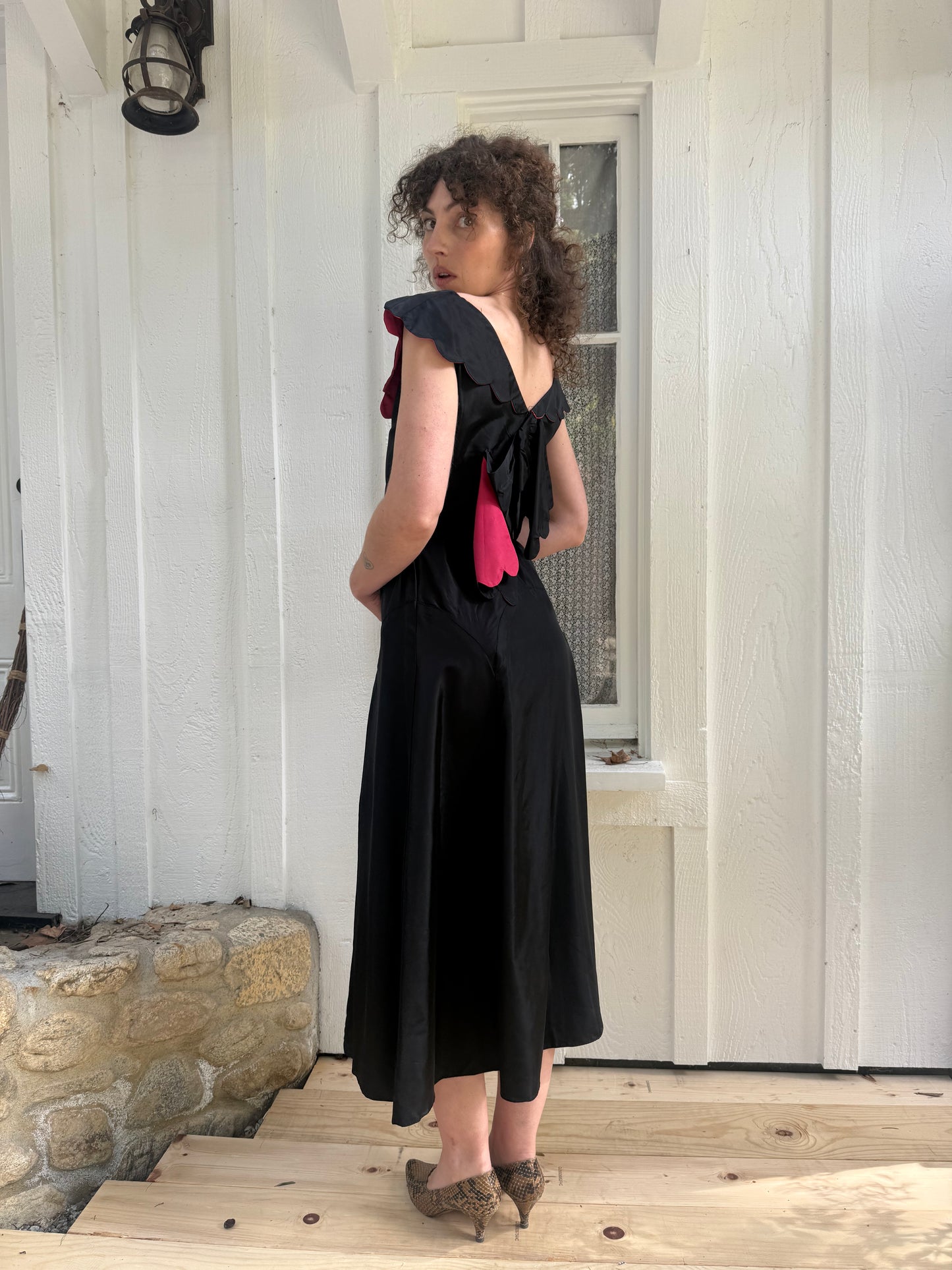 1930s Black Taffeta Scalloped Collar Dress