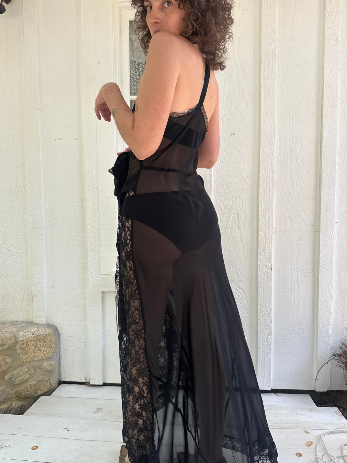 1940s Blanche Black Sheer One Shoulder Lace Slip Dress Set