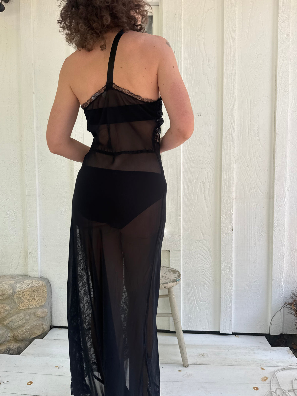 1940s Blanche Black Sheer One Shoulder Lace Slip Dress Set