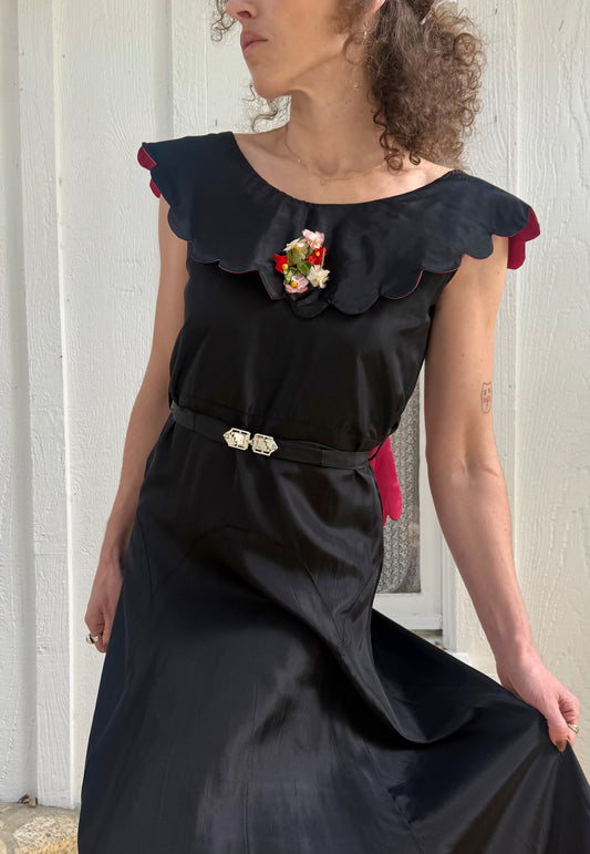1930s Black Taffeta Scalloped Collar Dress