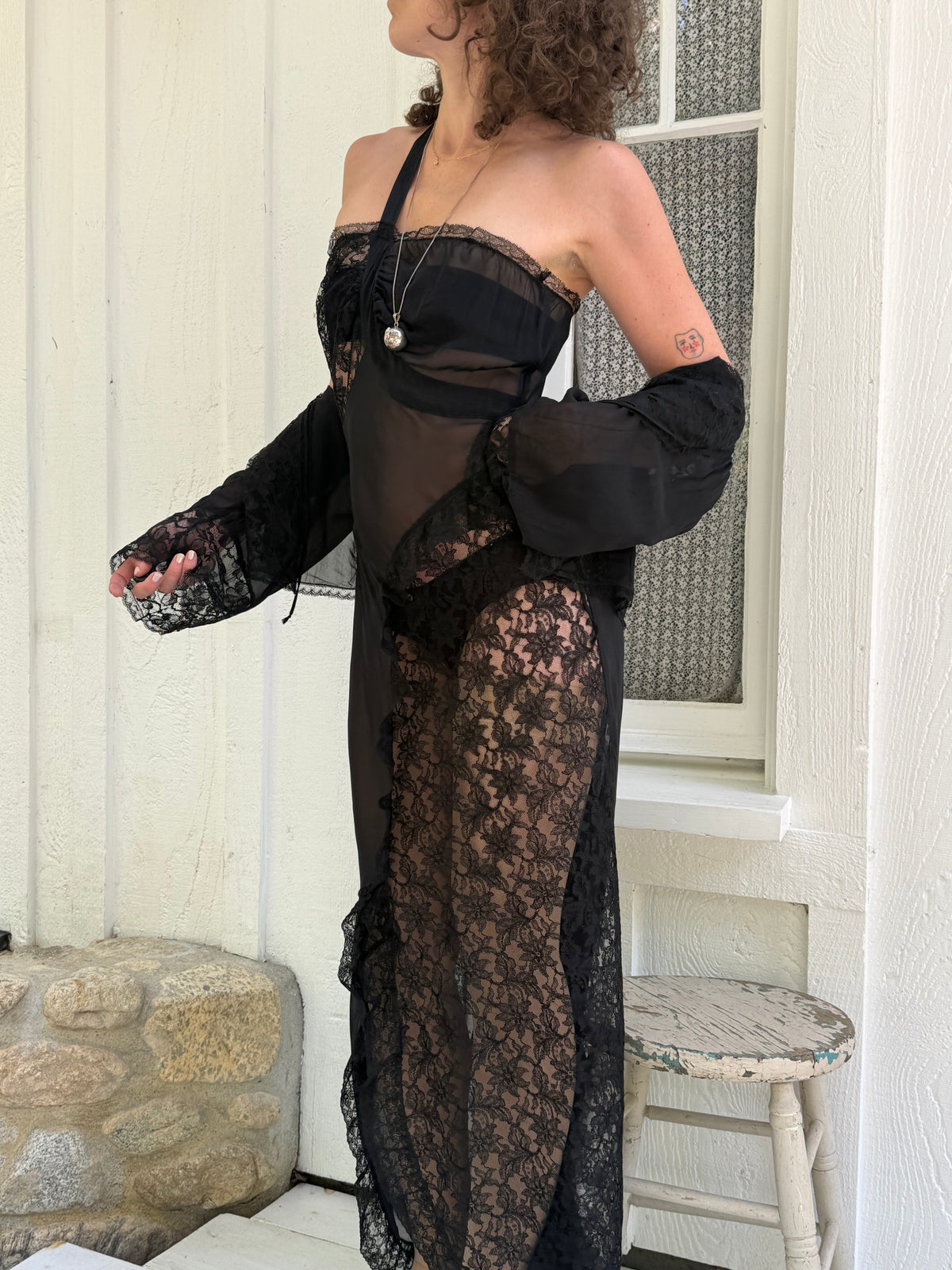 1940s Blanche Black Sheer One Shoulder Lace Slip Dress Set