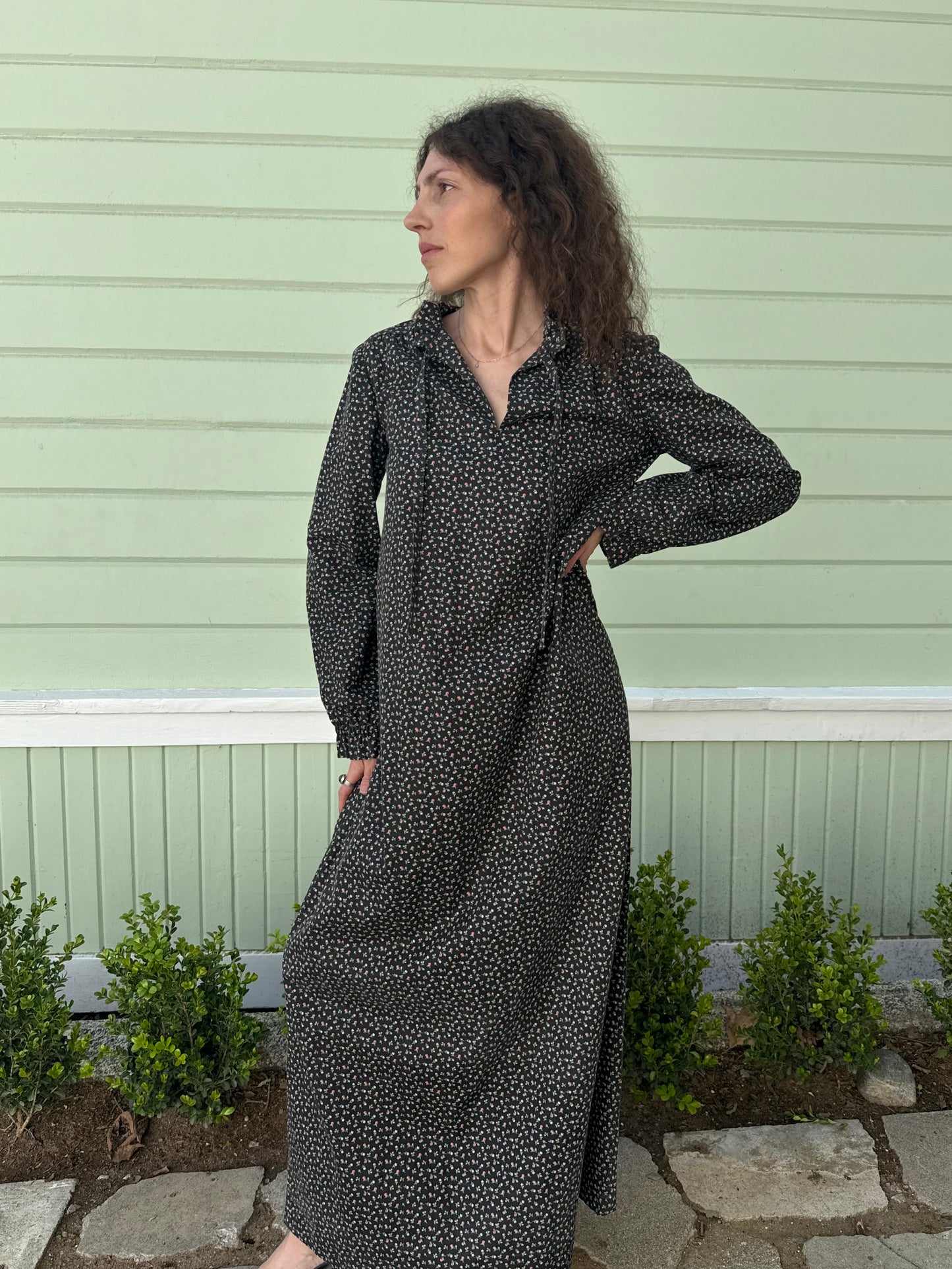 1970s Handmade Floral Cotton Long Sleeve Ruffle Collar Tie Neck Dress