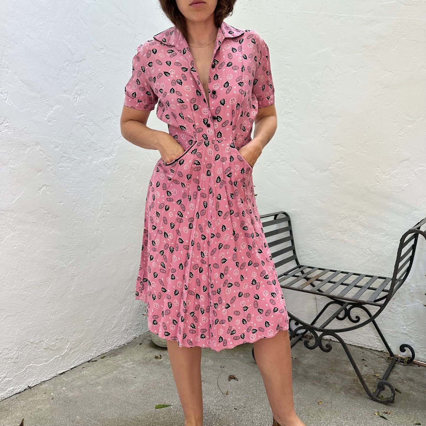 1940s Pink Leaf Print Gabardine Day Dress with Black Piping