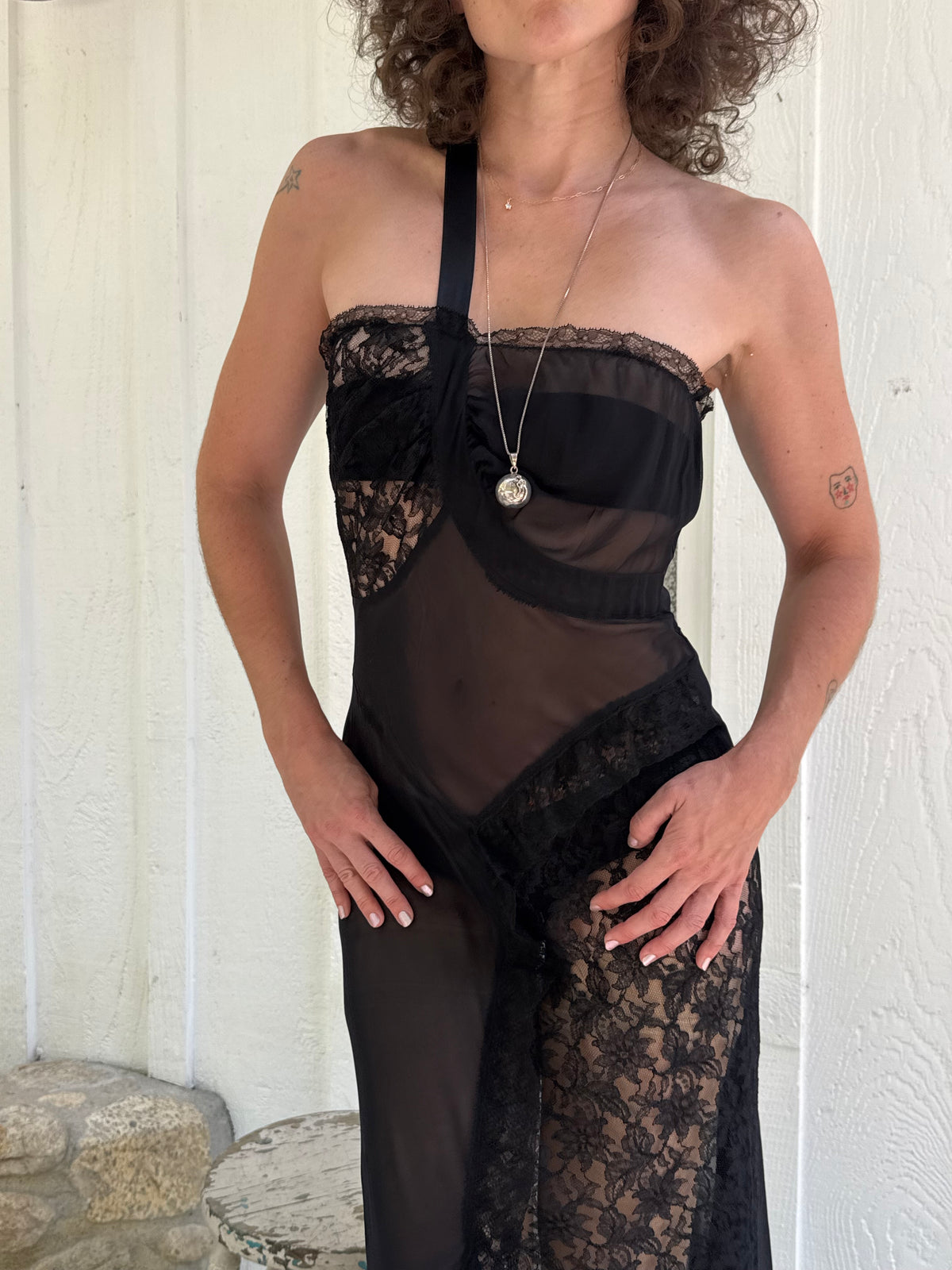 1940s Blanche Black Sheer One Shoulder Lace Slip Dress Set